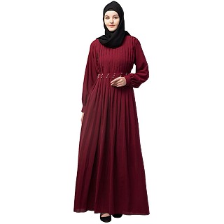 Designer pleated abaya with pearl work belts - Maroon